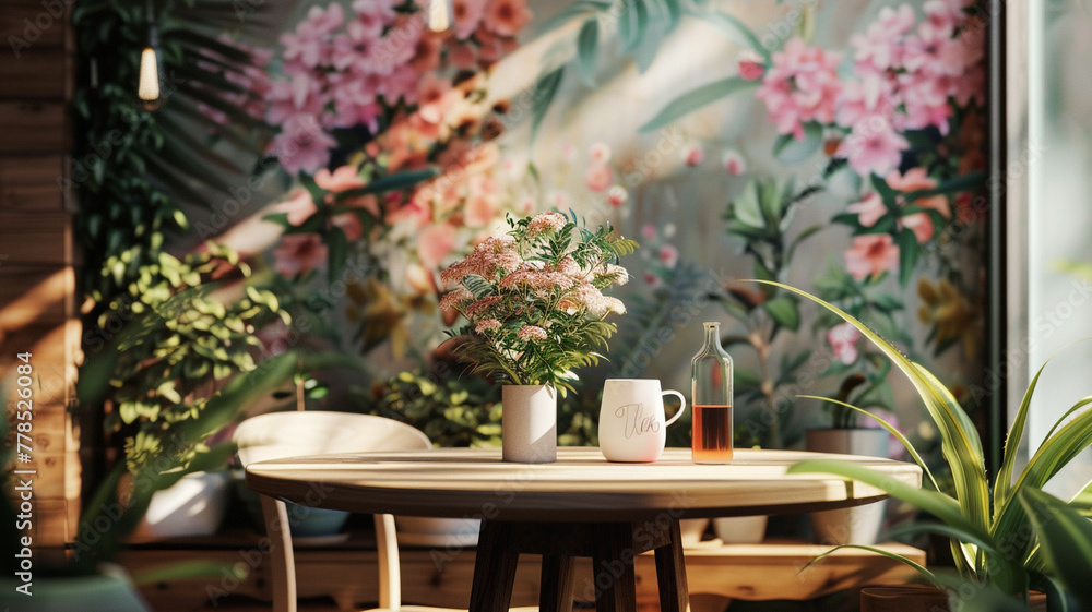 A cozy countryside cafe setting with a customizable marketing template against a backdrop of lush floral wallpaper.