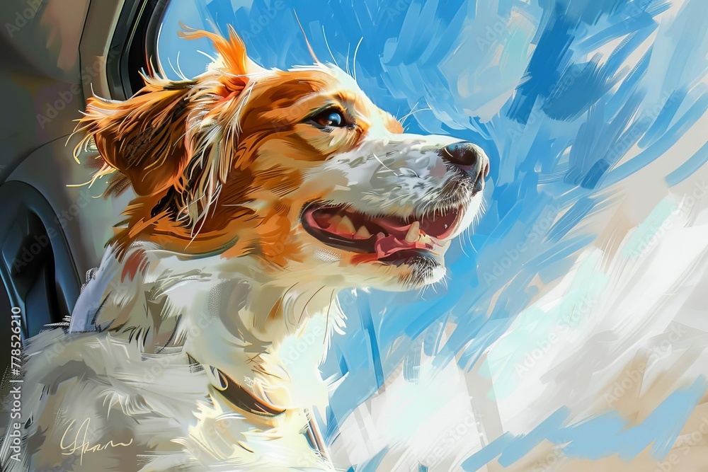 Happy dog enjoying car ride, looking out window, summer road trip with pet, digital painting