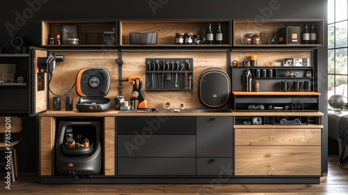 A well-composed photograph of a contemporary kitchen setup with a smart arrangement of high-end appliances and utensils