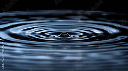 An exquisite close-up capture of a single water drop impacting a dark liquid surface, forming symmetrical ripples around it