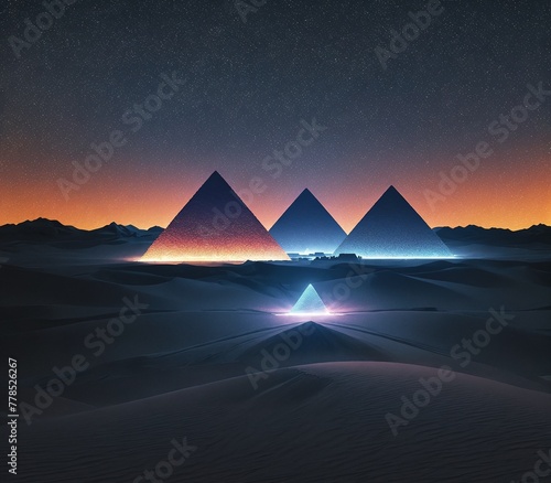 A desert landscape with three pyramids in the distance.