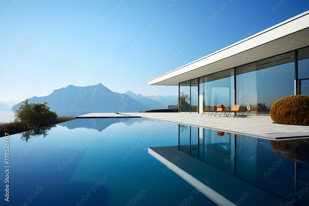 Luxurious modern house with big windows and water around