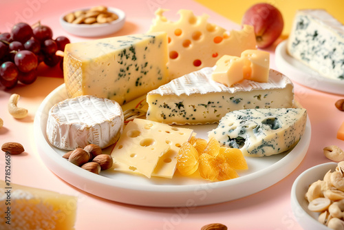 An artistic depiction of a cheese platter, with a variety of cheeses, nuts, 