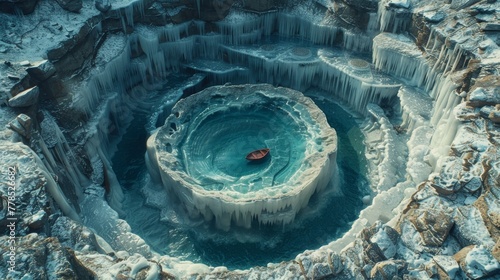 Top-down view of an isolated boat navigating through dark, contrasting patterns of cracked ice on a frozen sea