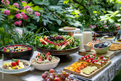 An elegant outdoor brunch setup in a lush garden, with a beautifully laid table featuring vegan brunch options including quinoa salad bowls, fresh fruit platters, 