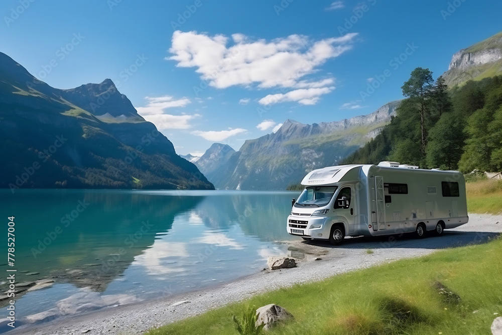 Motorhome on the landscape with mountains and lake. Car traveling illustration. Freedom vacation travel. Caravan design concept