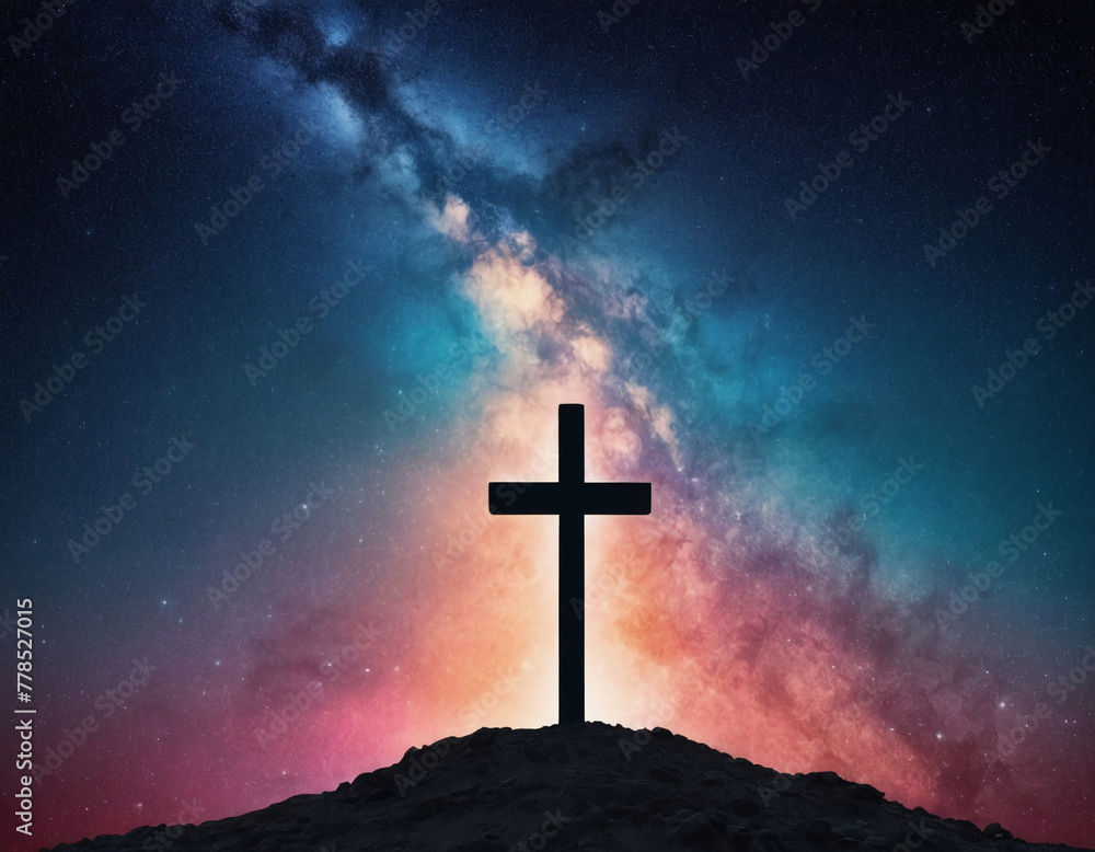 cross on the hill at night with starry sky and galaxies background cross on the hill at night with starry sky and galaxies background