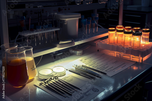 An image of a sterile microbiology lab bench set for an experiment, with autoclaved instruments, sterile media, and a protocol sheet illuminated by the clean lab lighting.