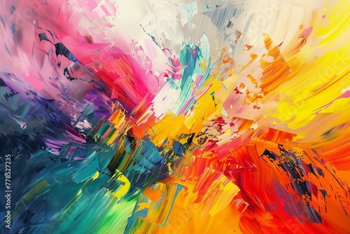Rough, bold abstract painting with explosion of vibrant rainbow colors and expressive oil brushstrokes on canvas, artistic background illustration