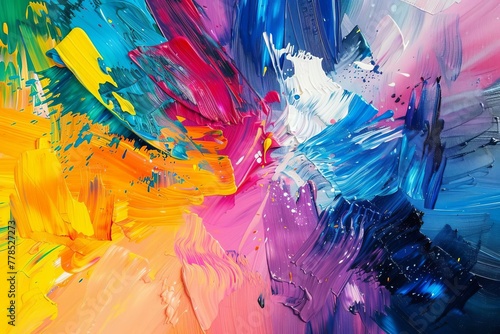Rough, bold abstract painting with explosion of vibrant rainbow colors and expressive oil brushstrokes on canvas, artistic background illustration