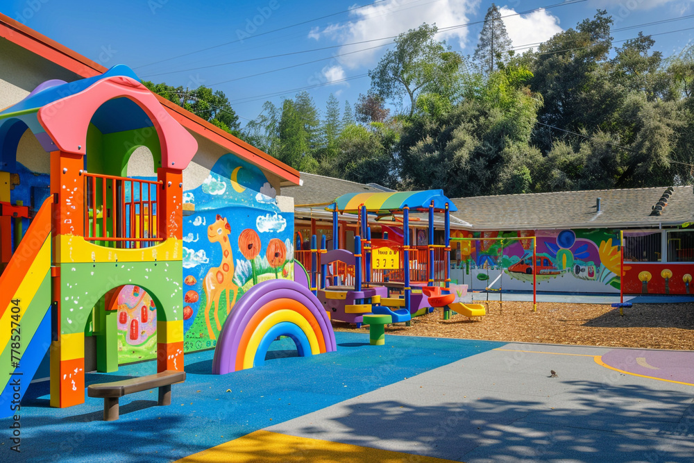 A bright, cheerful preschool exterior with rainbow-colored play equipment and vibrant murals on the walls.