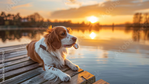 A Brittany Spaniel at the end of a dock at sunrise, savoring a fish-shaped treat as the sun rises over a calm lake, with the peaceful morning ambiance enhancing the moment. photo