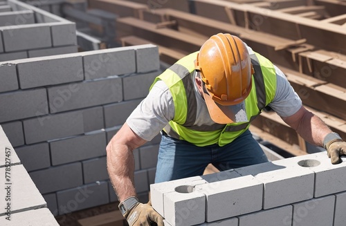A construction worker wearing a hard hat and safety vest standing next to a pile of bricks.