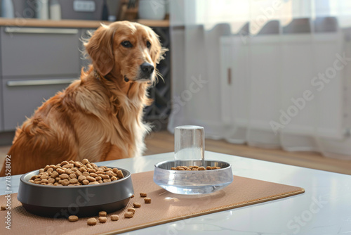 A dog sitting in front of a modern, minimalist pet food setup, featuring a sleek, geometrically shaped bowl filled with premium, grain-free kibble, 