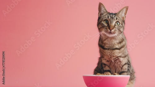 Cat sits near food bowl wallpaper background