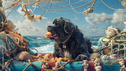 A Newfoundland dog aboard a nautical-themed float, enjoying a seafood-based dog treat amidst decorations of nets and seashells, with the ocean horizon in the background. photo