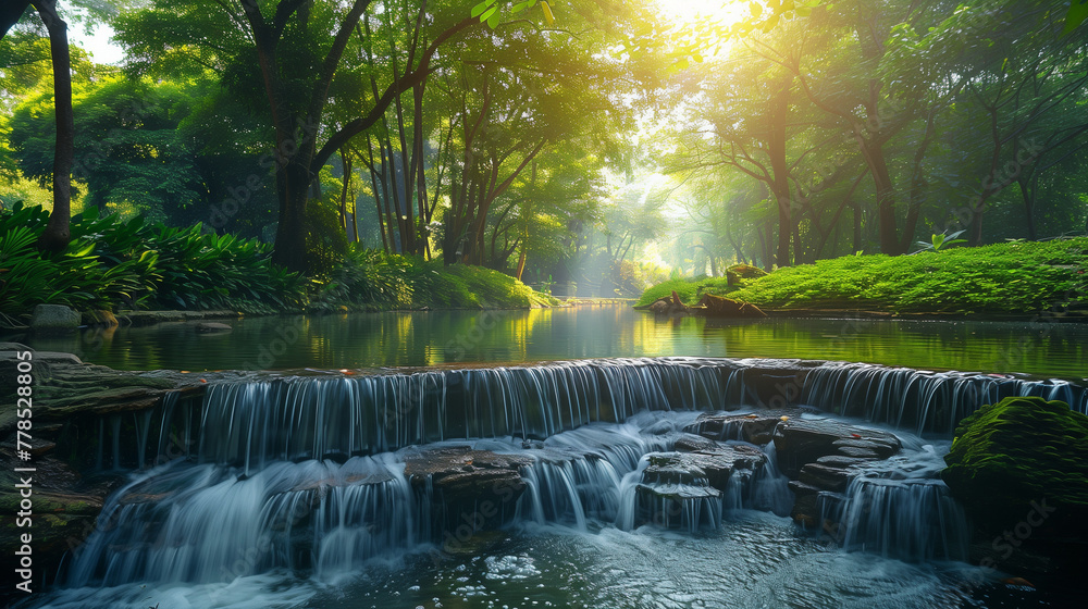 A beautiful stream of water flows through a lush green forest A beautiful stream of water flows through a lush green forest
