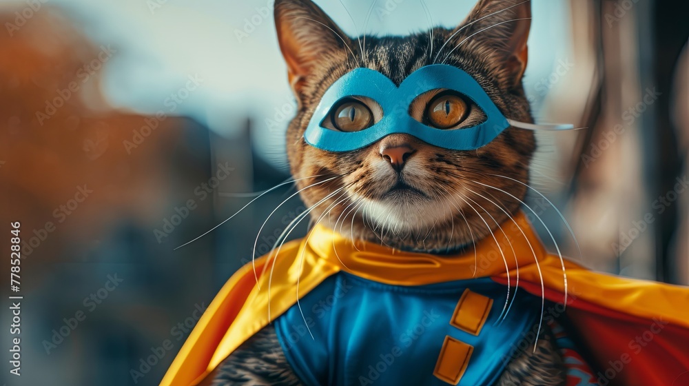 Cat super hero in mask and cape wallpaper background
