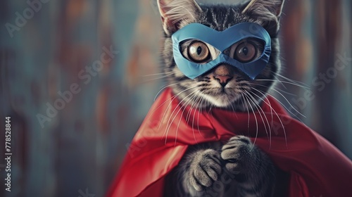Cat super hero in mask and cape wallpaper background