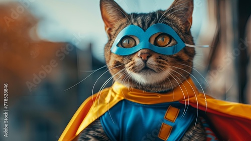 Cat super hero in mask and cape wallpaper background © Irina