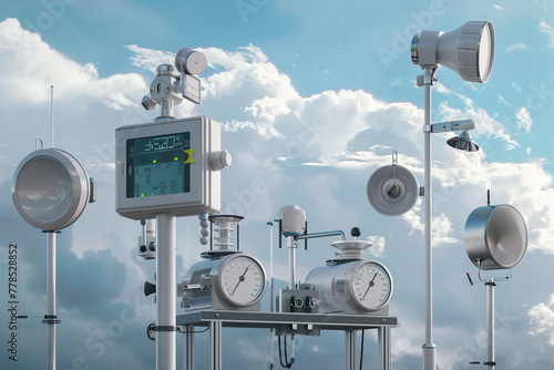 A realistic photo of a weather station with modern meteorological equipment such as anemometers, rain gauges, and barometers against the backdrop of a cloudy sky.