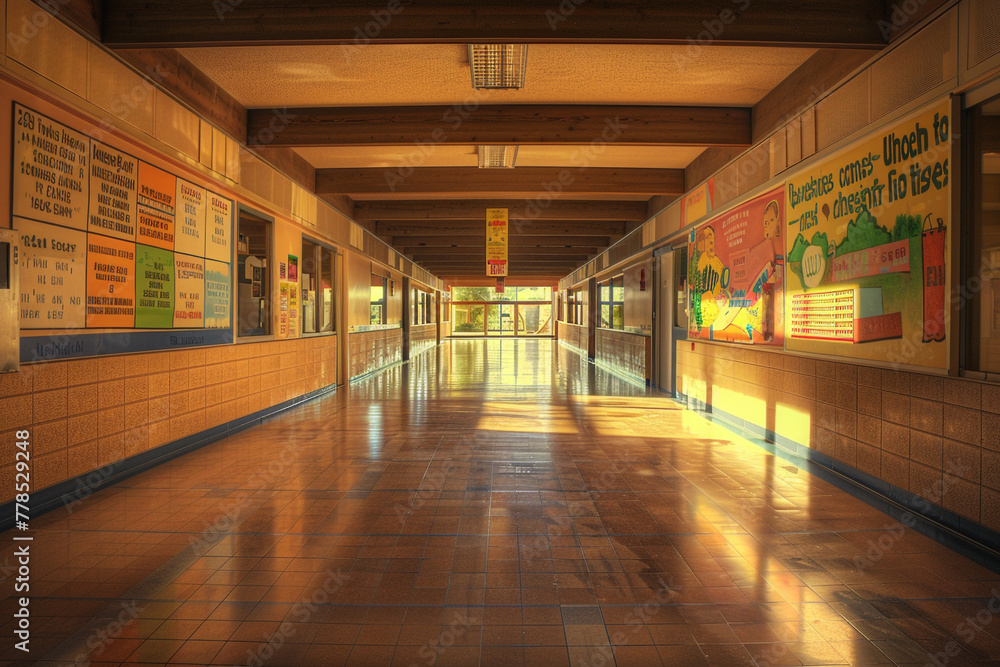 A spacious school hallway adorned with motivational quotes and educational posters, 