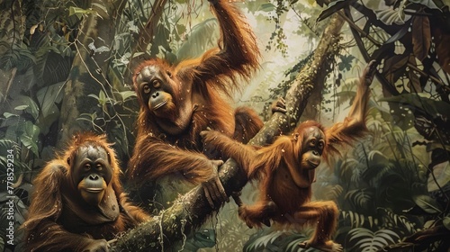 A family of orangutans, swinging gracefully through the dense foliage of the rainforest canopy with effortless agility.