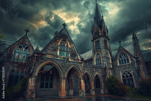 A stately, Gothic-style school exterior with pointed arches and stained glass windows, under a brooding, cloudy sky.