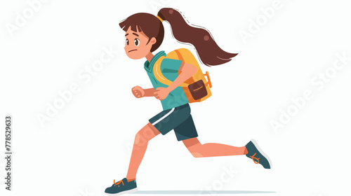 Cartoon school girl with backpack running flat vector © inshal