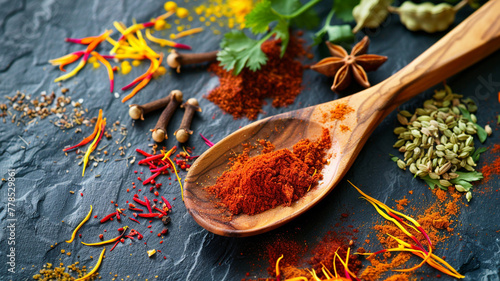 A wooden spoon on a dark, matte surface, with a spread of exotic spices like saffron, cumin, and coriander around it, 