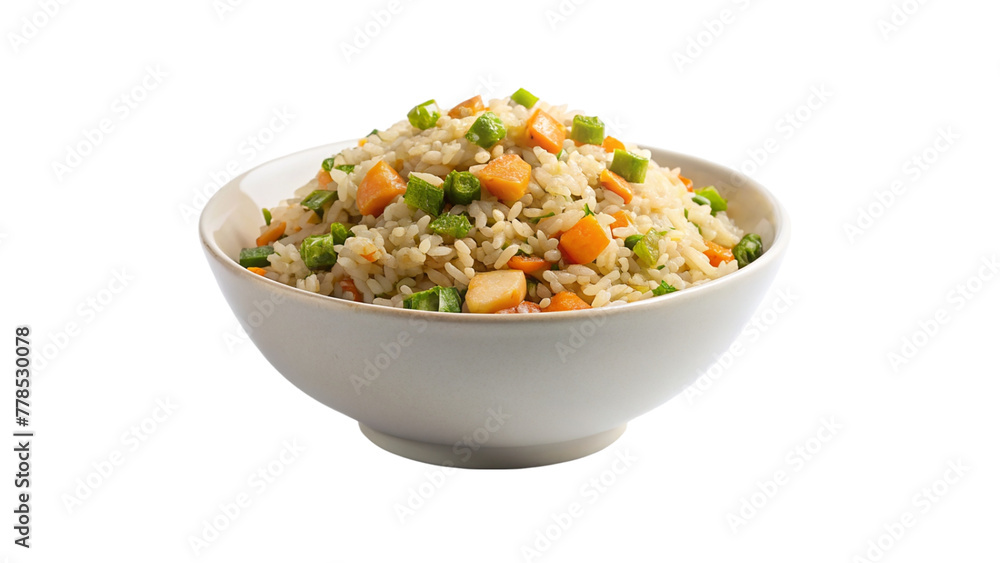 Veg Schezwan Fried Rice on white bowl isolated on transparent background.