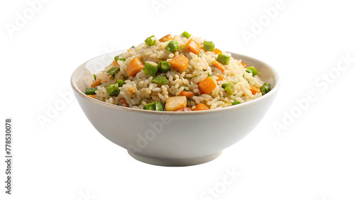 Veg Schezwan Fried Rice on white bowl isolated on transparent background.