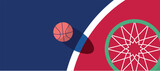 Basketball ball standing on white line on blue background