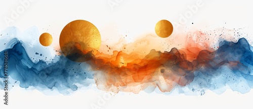 Isolated blue, brown transparent circles for wall pictures, logos, covers. Watercolor circles with stains, gold lines, powder, brush strokes.