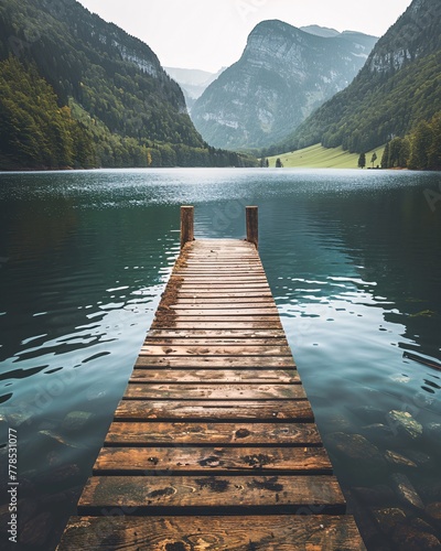 lake in mountains with wooden pier