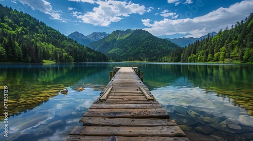 lake in mountains with wooden pier