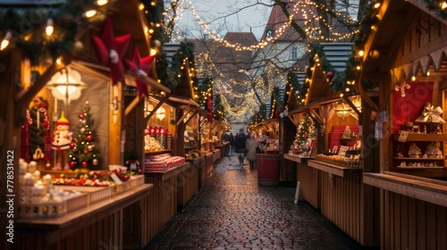 A festive holiday market illuminated by colorful lights and bustling with activity, with vendors selling artisanal crafts, seasonal treats, and mulled wine to cheerful visitors enjoying the festive at
