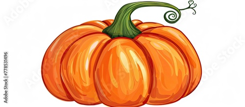 A cartoon illustration of a calabaza, a type of winter squash plant in the cucurbita fruit family. The orange gourd has a green stem on a white background, showcasing its natural foods photo