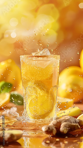 Lemon juice mixed with ginger juice, honey, and sparkling water, delicious food style, blur background, natural look