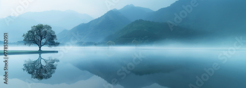 風のない静かな朝、もやに包まれる湖と立ち木の風景 photo
