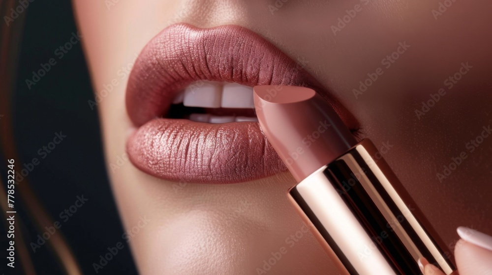 Obraz premium Lipstick on woman lips close up make up wallpaper background