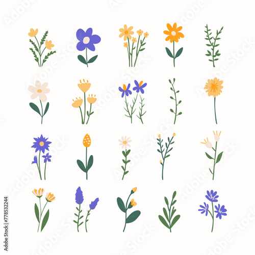 Vector set of spring Easter flowers in flat style isolated on white background.