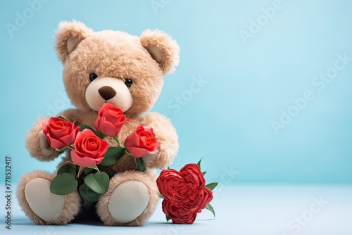 Teddy bear with red roses on blue background