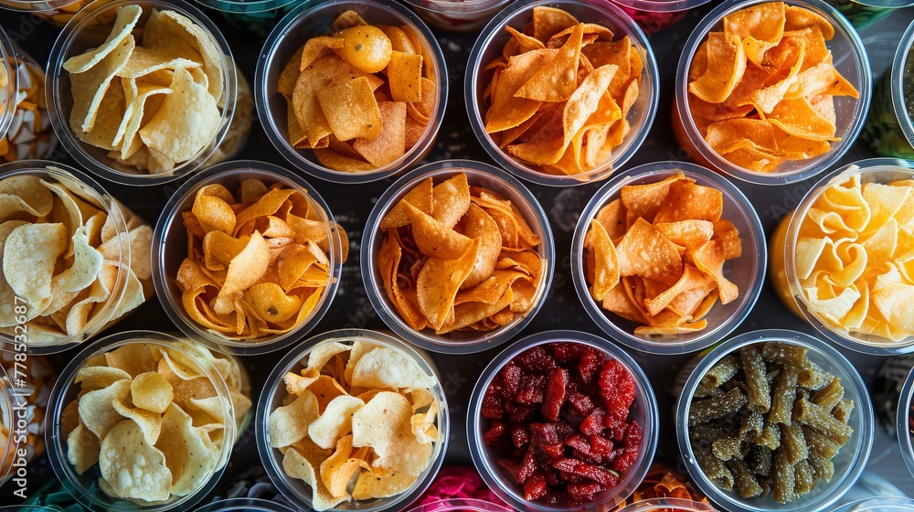 A top-down view of a food background featuring various tasty savory crispy chips served in small plastic cups.
