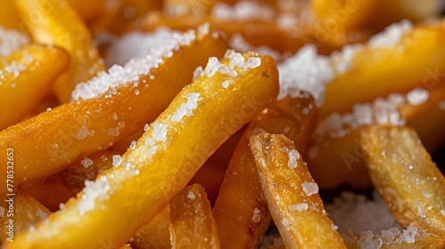 A close-up view of French fries sprinkled with salt, showcasing their golden crispy exterior.