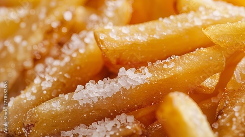 A close-up view of French fries sprinkled with salt, showcasing their golden crispy exterior.