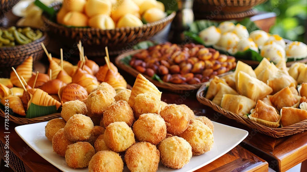 An assortment of Brazilian party snacks including Coxinhas, Risoles, Cheese Balls, and more, perfect for any festive occasion.