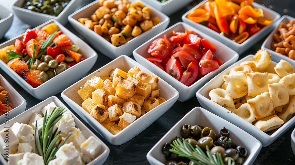 A selection of savory party snacks arranged in square porcelain bowls.