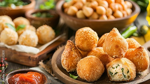 An assortment of Brazilian party snacks including Coxinhas, Risoles, Cheese Balls, and more, perfect for any festive occasion.