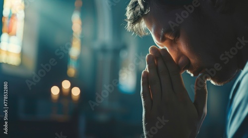 Christian catholic man prey in church wallpaper background photo